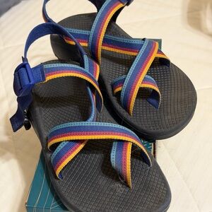 Chaco Rainbow Stripe Sport Sandals in Blue, Yellow, Red
